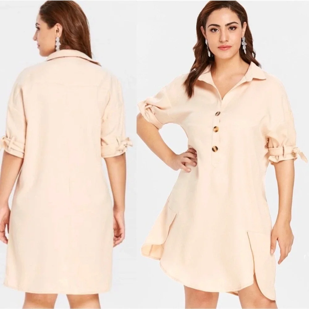 Zara Basic Womens Medium Linen Blend Button Down Tie Sleeve Tunic Dress